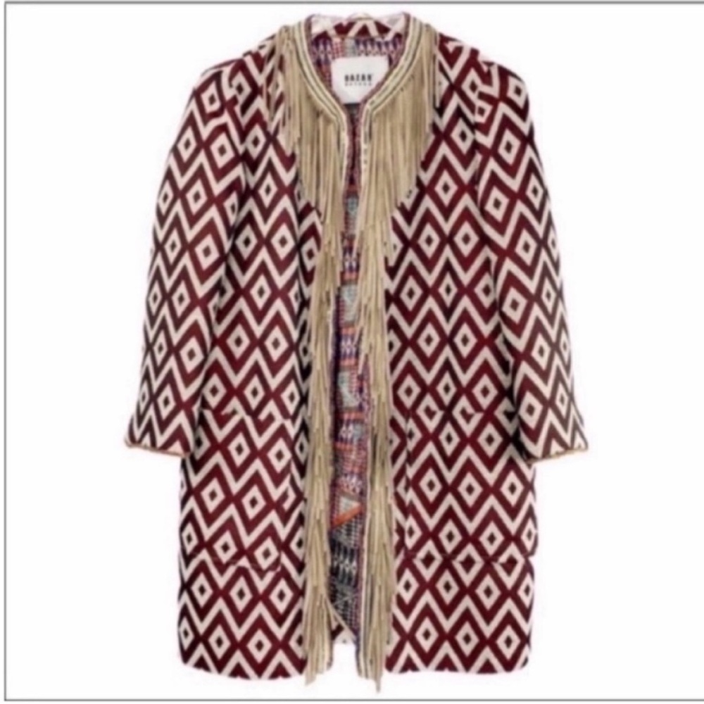 BAZAR DELUXE suede fringe jacquard geometric coat Italy size 42/USA 6